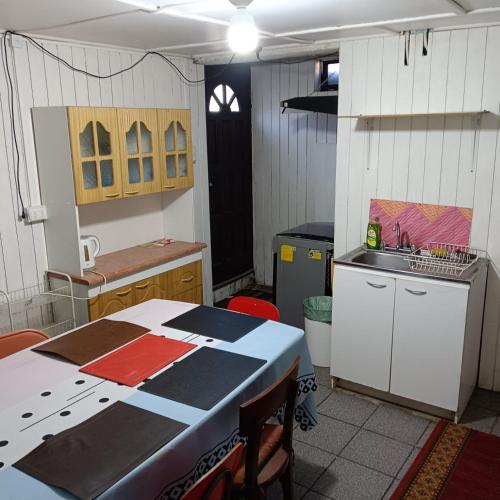 a small kitchen with a table and a sink at Hostal Adriana in Valdivia