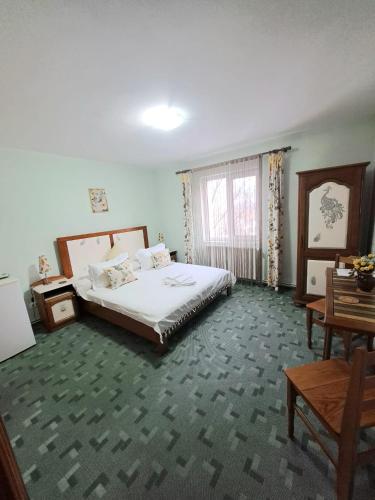 a bedroom with a bed and a large window at Pension Paunasul in Buşteni