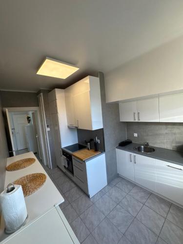a kitchen with white cabinets and a sink at Cosy studio a Lausanne center in Ouchy