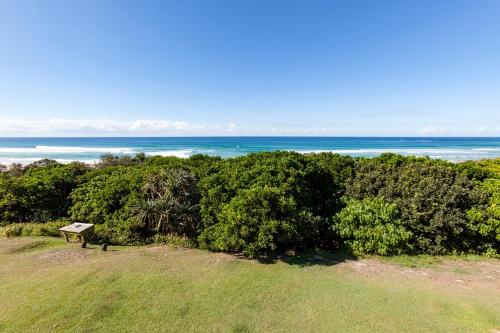 a bench sitting on top of a hill overlooking the ocean at White Waves on the Beach in Hastings Point