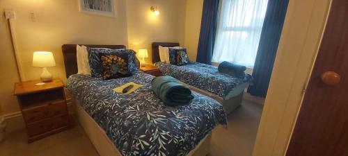 a small room with two beds and a window at Cranborne Guest Accommodation Exclusively for Adults in Torquay
