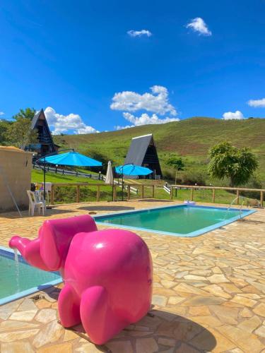 a pink elephant statue sitting next to a swimming pool at Pousada Recanto dos Chalés - Itambé do Mato Dentro in Itambé do Mato Dentro