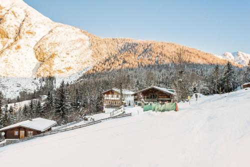 a ski lodge in the snow in front of a mountain at Ropferhof in Telfs-Buchen