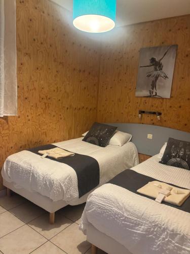 two beds in a room with wooden walls at MAISON Au LAC DU DER '' LES COCCINELLES 41 '' in Giffaumont-Champaubert