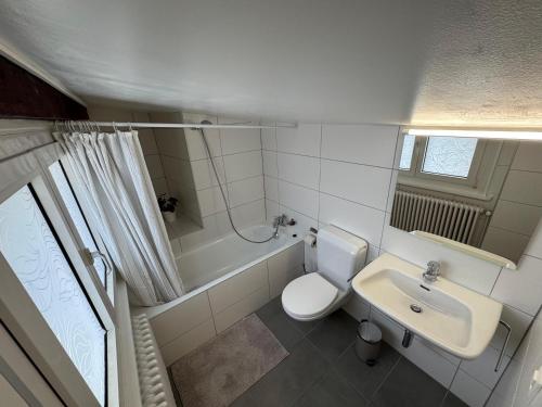 a white bathroom with a sink and a toilet at Cosy attic flat Lausanne center in Lausanne