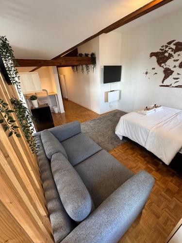 a living room with a couch and a bed at Cosy attic flat Lausanne center in Lausanne