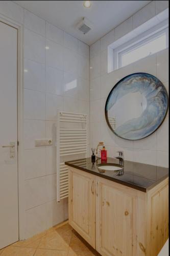 a bathroom with a sink and a mirror on the wall at Huisje Britt met grote tuin en veel privacy in Dirkshorn
