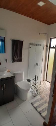 a bathroom with a toilet and a sink and a shower at Perla Arenal View in Fortuna