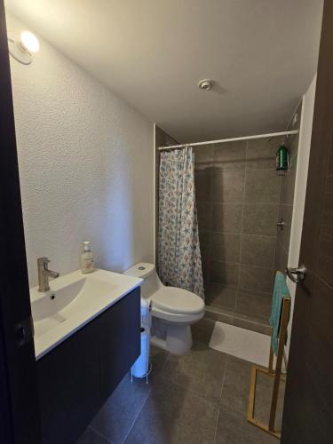 a bathroom with a sink and a toilet and a shower at Apartamento en Parque Mateo in Guatemala