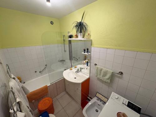 a bathroom with a sink and a shower and a toilet at Le Petit Baron in Crémieu