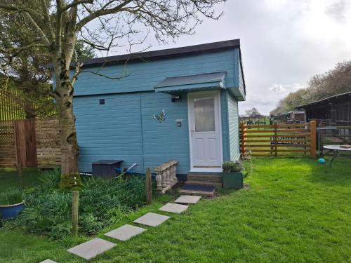a blue house with a white door in a yard at Mardi Gras, Upwell in Upwell