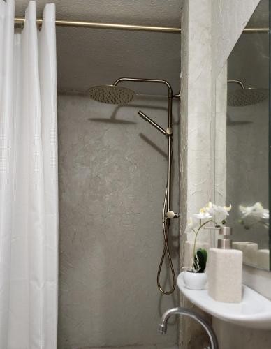 a bathroom with a shower curtain and a sink at Logement atypique en souplex in Sélestat