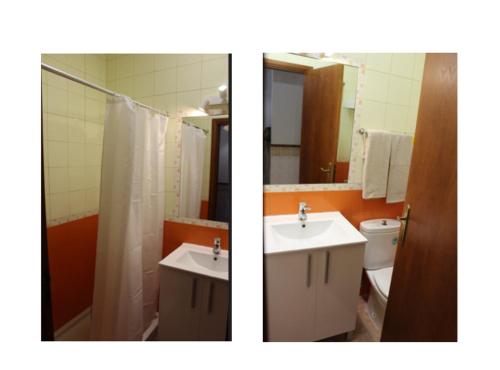 two pictures of a bathroom with a sink and a toilet at Alojamento Bem-me-quer in Reguengos de Monsaraz