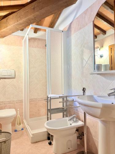 a bathroom with a shower and a toilet and a sink at Ville Di Villa Biserno in San Vincenzo