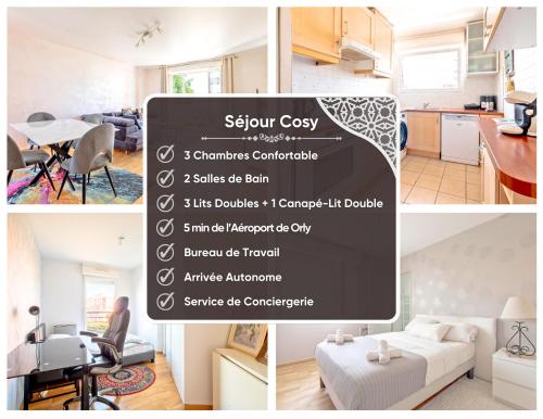 a collage of photos of a kitchen and a living room at Séjour Cosy - 5 min Aéroport Orly - Parking Privée & Terrasse in Orly
