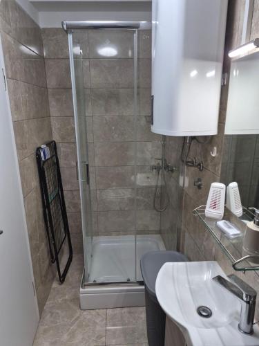 a bathroom with a shower and a sink at Solmar Adriatica Apartman in Banjole