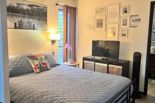 a bedroom with a bed and a flat screen tv at 43 Studio Queen Bed in Pahala