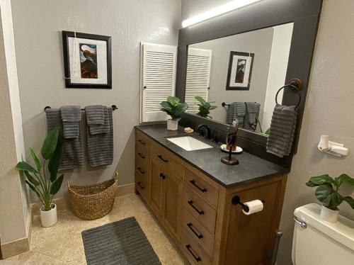 a bathroom with a sink and a mirror at 70 Pogs Place at Black Sand Beach in Pahala