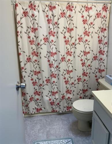 a bathroom with a shower curtain with a toilet at 2 Bedroom 2 Bath on Golf Course in Naalehu