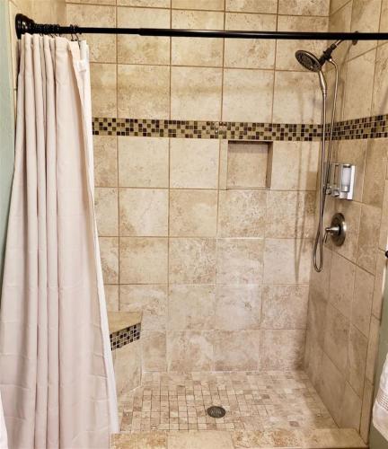 a shower with a shower curtain in a bathroom at Unit 26 King Bed and Ocean View in Pahala