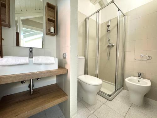 un bagno con WC, lavandino e doccia di IRIS 2 lago di Como a Dongo
