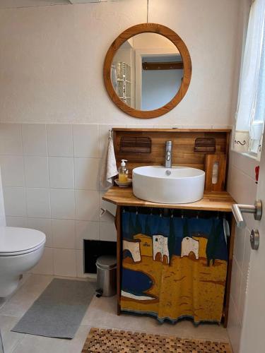 a bathroom with a sink and a mirror at NurdachZeit – Ferienhaus in Schellbronn in Neuhausen