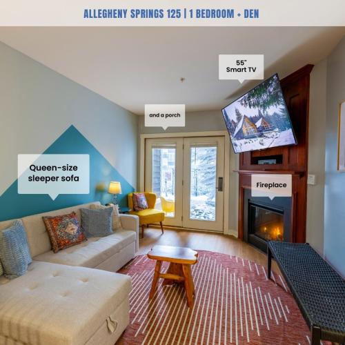 a living room with a couch and a tv at Lux Stay USA Pool view Hearthstone Ski-inOut, AS125 1BRDen in Snowshoe