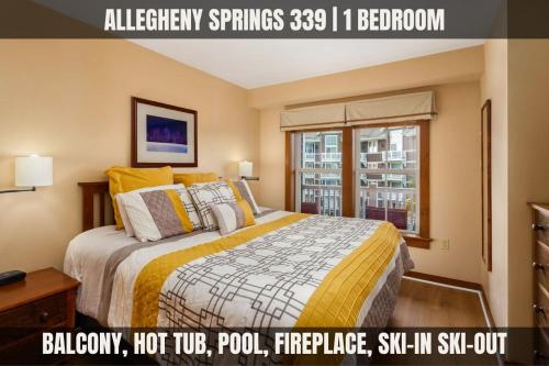 a poster of a bedroom with a bed with a window at Lux Stay USA Pool view Serenity Ski inout Hot Tub AS 339 in Snowshoe