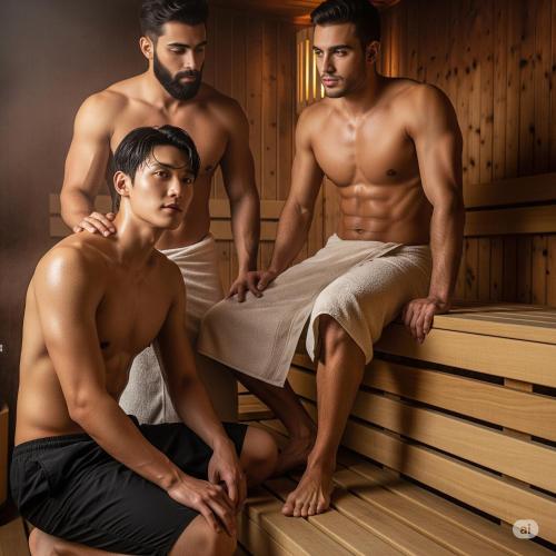 a group of three men in a sauna at MaToNi Onsen in Phuket