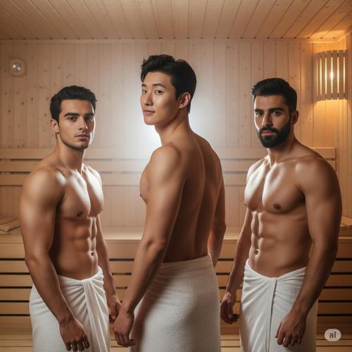 a group of three men standing in a sauna at MaToNi Onsen in Phuket