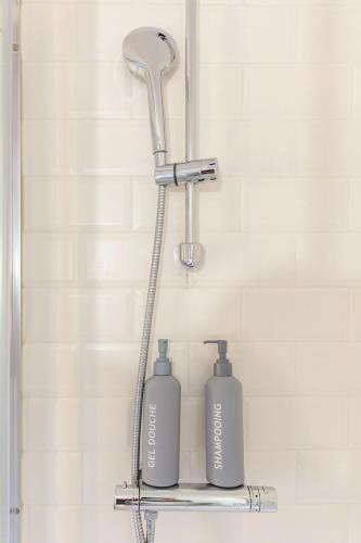 a shower head and two bottles on a shelf in a bathroom at Duplex Centre historique in Strasbourg