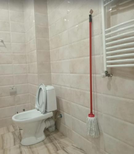 a bathroom with a toilet and a mop on the wall at Saburtalo Central in Tbilisi City