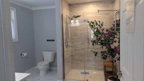 a bathroom with a shower with a toilet at Bear & Butterfly Bed and Breakfast in Gravenhurst