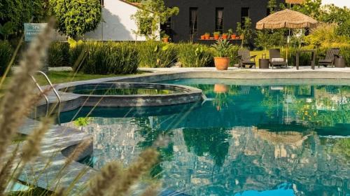 a swimming pool with blue water in a yard at Orgánico Hotel Boutique TEPOZTLÁN in Tepoztlán