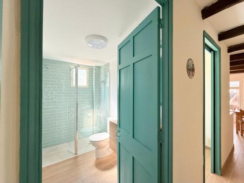 a bathroom with a toilet and a green door at Casa Maya by GMHouse Menorca in Cala Blanca