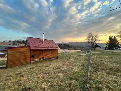 a wooden cabin with a red roof in a field at Tiny House at Sedliacky Dvor - Brezno in Brezno
