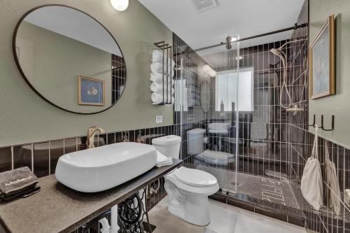 a bathroom with a sink and a toilet and a mirror at Historic Gem near Schlitterbahn in New Braunfels