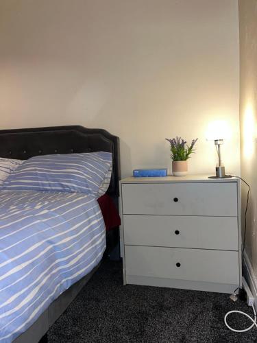a bedroom with a bed and a dresser with a lamp at Cozy Private Blackout Room in Longley