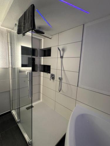 a bathroom with a shower and a toilet and a sink at Elfis Paradise in Wiesbaden