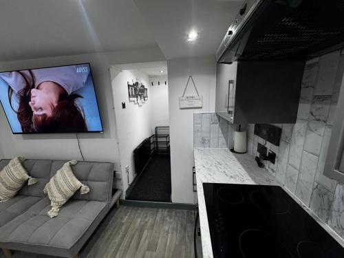 a living room with a couch and a flat screen tv at Royal Noor Escape in Killingbeck