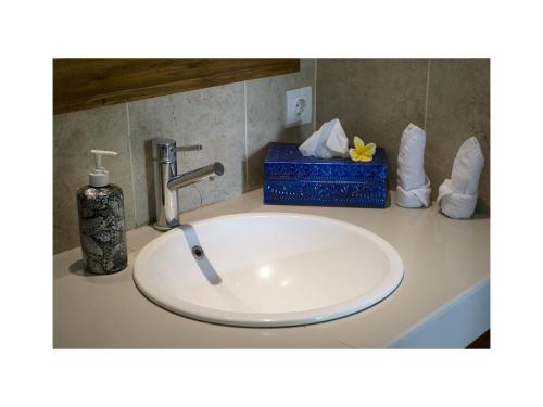 a bathroom counter with a sink and a box of tissues at Narendra Guest House in Ubud