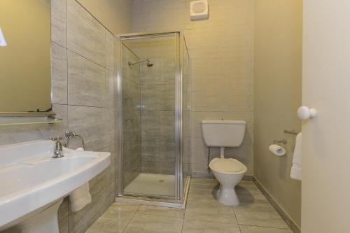 a bathroom with a shower and a toilet and a sink at Edinburgh Gallery Bed & Breakfast in Hobart