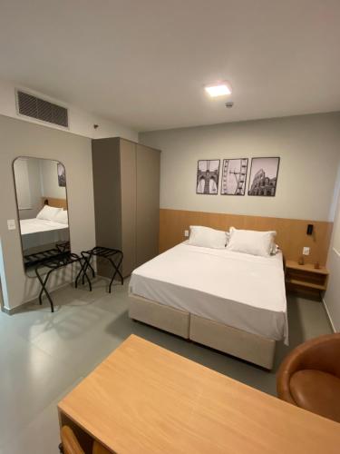 a bedroom with a large bed and a mirror at Flat em Alphaville - Super Novo in Barueri