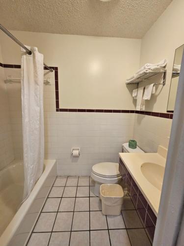 a bathroom with a toilet and a tub and a sink at Merrimac Inn and Suite in Williamsburg