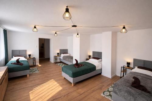 a bedroom with two beds and a living room at Apartamenty Nad Pilicą - Klimatyzacja - Sulejów in Sulejów