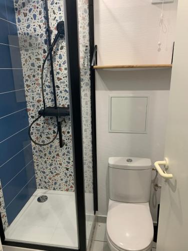 a small bathroom with a toilet and a shower at L escale Oceane in Moliets-et-Maa