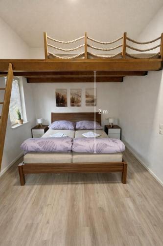 a bedroom with a bunk bed with purple sheets at Family Apartment near Mölltaler Gletscher 2 in Flattach