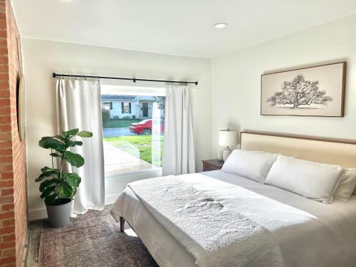 ein Schlafzimmer mit einem Bett und einem Fenster mit einer Pflanze in der Unterkunft Grapevine Studio in Grapevine
