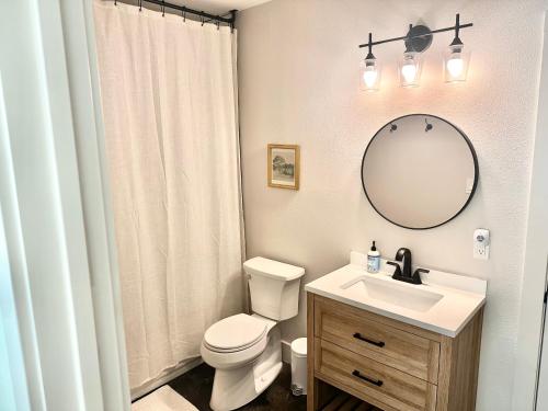 ein Badezimmer mit Toilette, Waschbecken und Spiegel in der Unterkunft Grapevine Studio in Grapevine