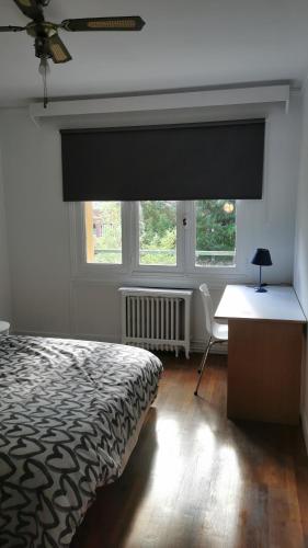 a bedroom with a bed and a desk and two windows at Résidence Castors Colombes in Colombes